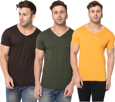Jangoboy Solid Men V Neck Dark Green, Brown, Yellow T-Shirt