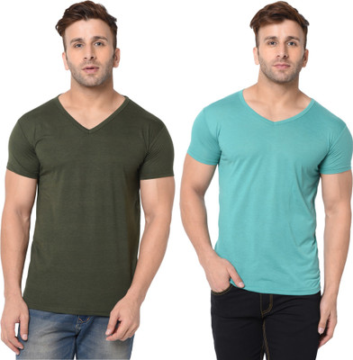 Adorbs Solid Men V Neck Dark Green, Light Green T-Shirt