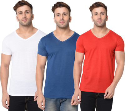 Jangoboy Solid Men V Neck Dark Blue, Red, White T-Shirt