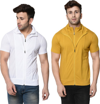 Adorbs Self Design, Solid Men Polo Neck White, Yellow T-Shirt