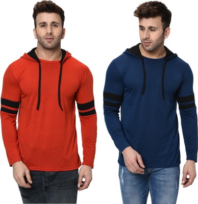 Adorbs Solid Men Hooded Neck Dark Blue, Red T-Shirt