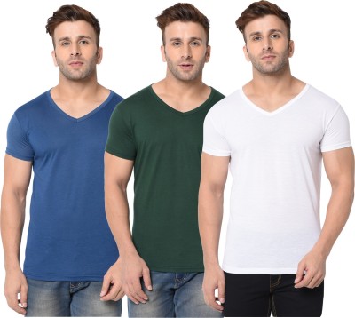 Jangoboy Solid Men V Neck Dark Blue, Dark Green, White T-Shirt