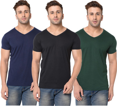 Jangoboy Solid Men V Neck Dark Blue, Dark Green, Black T-Shirt