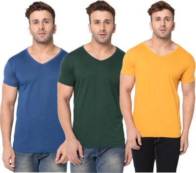 Jangoboy Solid Men V Neck Dark Blue, Dark Green, Yellow T-Shirt