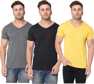 Jangoboy Solid Men V Neck Black, Grey, Yellow T-Shirt