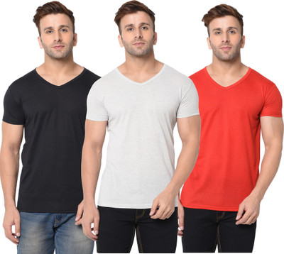 Adorbs Self Design, Solid Men V Neck Red, Black, Grey T-Shirt