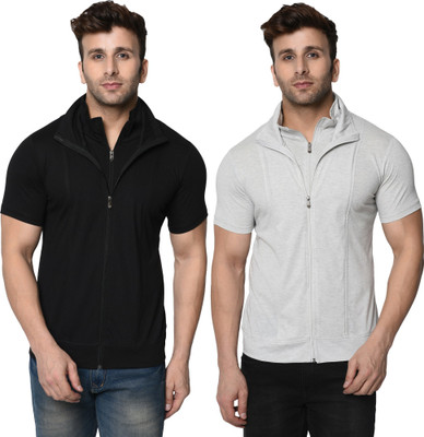 Jangoboy Self Design, Solid Men High Neck Black, Grey T-Shirt