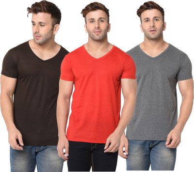Adorbs Solid Men V Neck Red, Brown, Grey T-Shirt