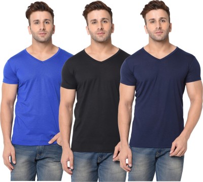 Adorbs Solid Men V Neck Dark Blue, Blue, Black T-Shirt