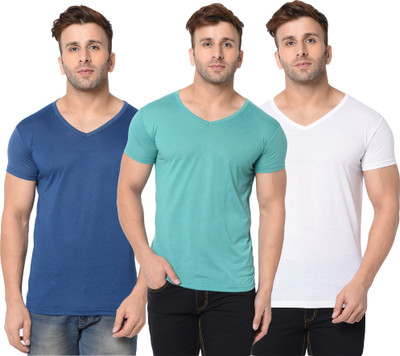 Jangoboy Solid Men V Neck Dark Blue, White, Light Green T-Shirt