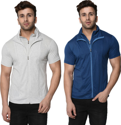 Adorbs Self Design, Solid Men High Neck Dark Blue, Grey T-Shirt