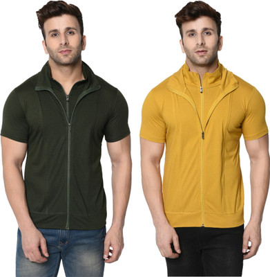 Adorbs Self Design, Solid Men Polo Neck Green, Yellow T-Shirt