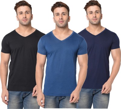 Adorbs Solid Men V Neck Dark Blue, Blue, Black T-Shirt