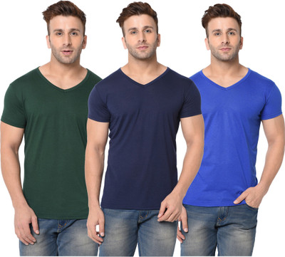 Jangoboy Solid Men V Neck Dark Blue, Dark Green, Blue T-Shirt