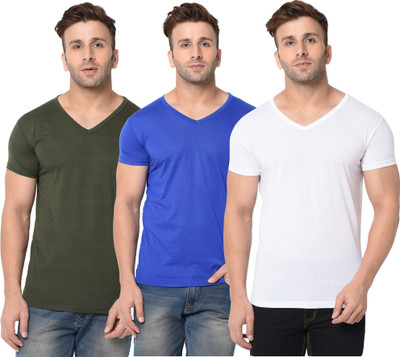 Jangoboy Solid Men V Neck Dark Blue, Green, White T-Shirt