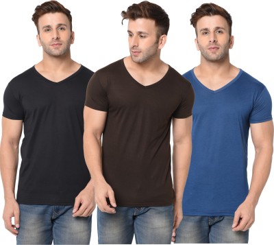 Jangoboy Solid Men V Neck Brown, Blue, Black T-Shirt
