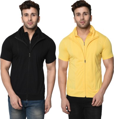 Jangoboy Self Design, Solid Men High Neck Black, Yellow T-Shirt