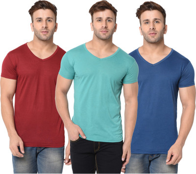 Jangoboy Solid Men V Neck Dark Blue, Maroon, Light Green T-Shirt