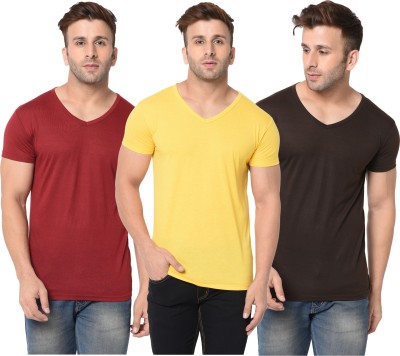 Jangoboy Solid Men V Neck Maroon, Brown, Yellow T-Shirt