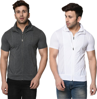 Adorbs Self Design, Solid Men High Neck White, Grey T-Shirt