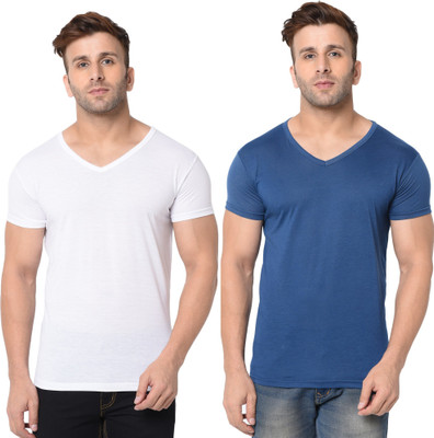Adorbs Solid Men V Neck Dark Blue, White T-Shirt