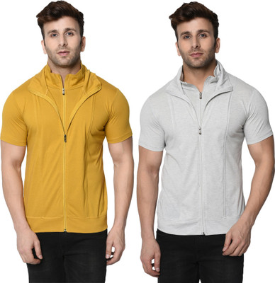 Adorbs Solid Men High Neck Grey, Yellow T-Shirt