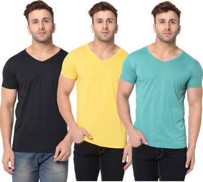 Jangoboy Solid Men V Neck Black, Yellow, Light Green T-Shirt