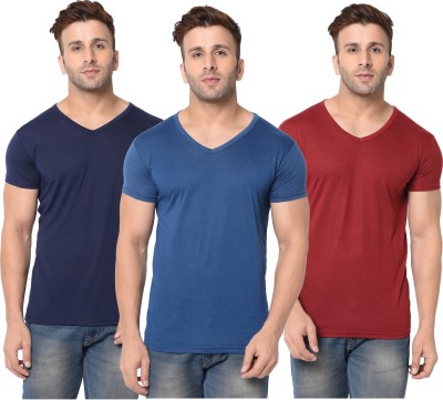 Jangoboy Solid Men V Neck Dark Blue, Blue, Maroon T-Shirt