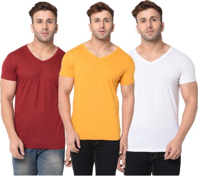 Jangoboy Solid Men V Neck White, Maroon, Yellow T-Shirt