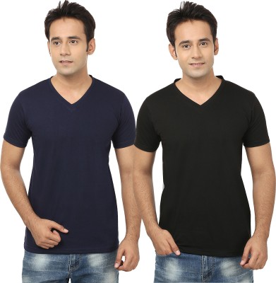 Tivy Solid Men V Neck Dark Blue, Black T-Shirt