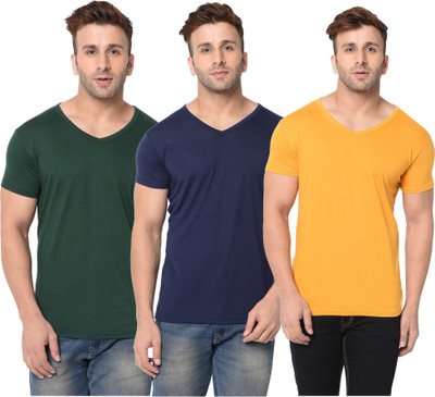Jangoboy Solid Men V Neck Dark Blue, Dark Green, Yellow T-Shirt