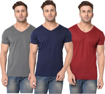 Adorbs Self Design, Solid Men V Neck Dark Blue, Maroon, Grey T-Shirt