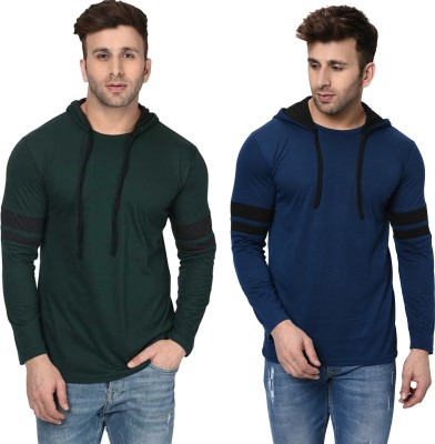 Adorbs Solid Men Hooded Neck Dark Blue, Dark Green T-Shirt