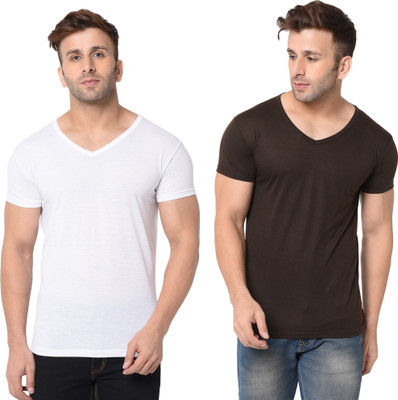 Adorbs Solid Men V Neck White, Brown T-Shirt
