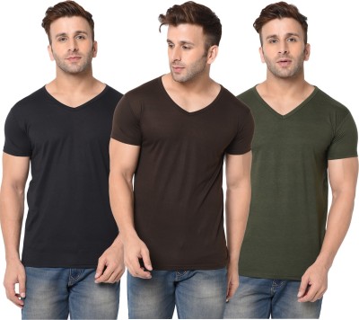 Jangoboy Solid Men V Neck Green, Brown, Black T-Shirt