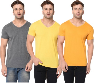 Jangoboy Self Design, Solid Men V Neck Grey, Yellow T-Shirt