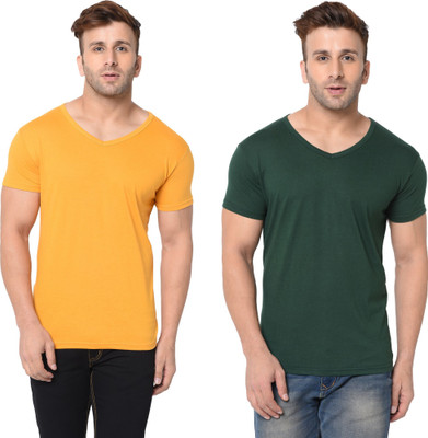 Jangoboy Solid Men V Neck Dark Green, Yellow T-Shirt