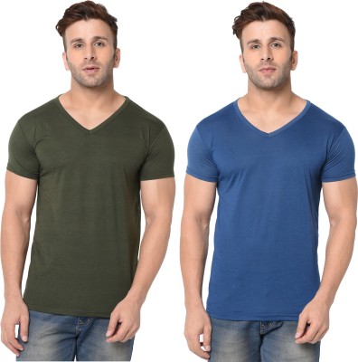 Adorbs Solid Men V Neck Dark Blue, Dark Green T-Shirt