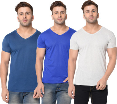Jangoboy Solid Men V Neck Dark Blue, Blue, Grey T-Shirt