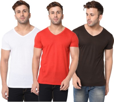 Adorbs Solid Men V Neck Red, White, Brown T-Shirt