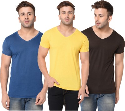 Adorbs Solid Men V Neck Dark Blue, Brown, Yellow T-Shirt