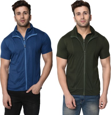 Jangoboy Self Design Men Polo Neck Dark Blue, Dark Green T-Shirt