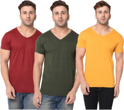 Jangoboy Solid Men V Neck Dark Green, Maroon, Yellow T-Shirt