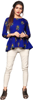 HIVA TRENDZ Casual Regular Sleeve Printed Women Blue Top