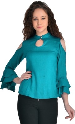 VAANYA Casual Cold Shoulder, Flute Sleeve Solid Women Light Blue Top