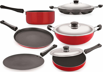 NIRLON Nonstick Cookware Set Standard ,6-Pieces,Black and Red Non-Stick Coated Cookware Set(PTFE (Non-stick), Aluminium, 6 - Piece)