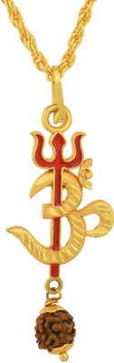 RN Gold Plated Brass Red and Golden Om with Trishul Mahadev Shymbol, Rudraksha Pendant Chain Locket Men and Women Gold-plated Brass Pendant
