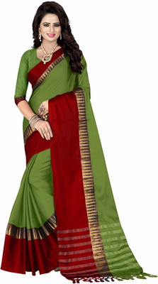 Bombey Velvat Fab Solid/Plain Daily Wear Silk Blend, Cotton Blend Saree(Green)