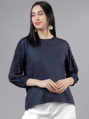 Tokyo Talkies Casual 3/4 Sleeve Solid Women Blue Top