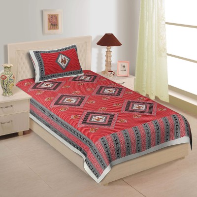 klus 140 TC Cotton Single Jaipuri Prints Flat Bedsheet(Pack of 1, Red)